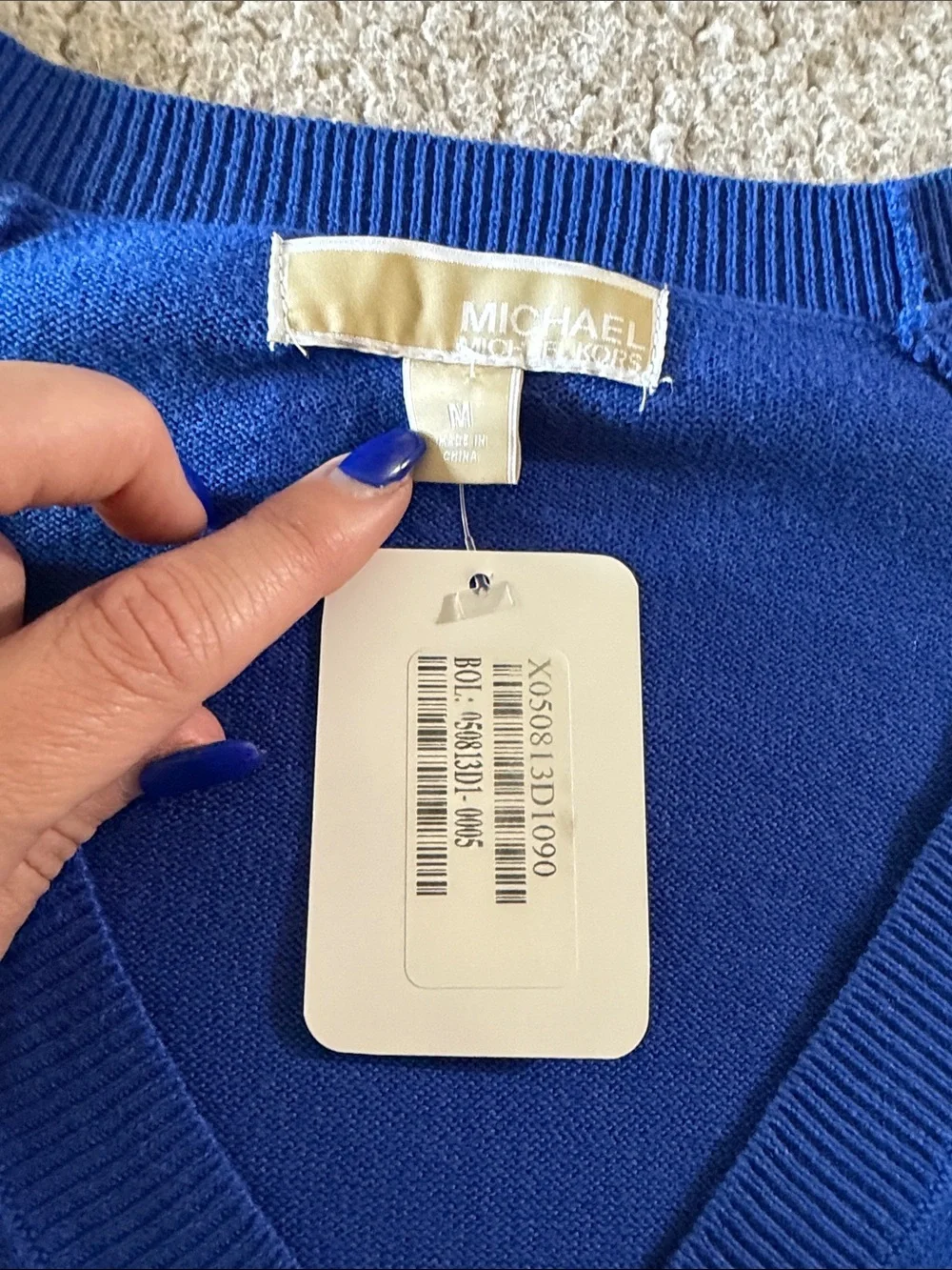 Michael Kors Cobalt Blue V-Neck Sweater with Black Belt Medium New